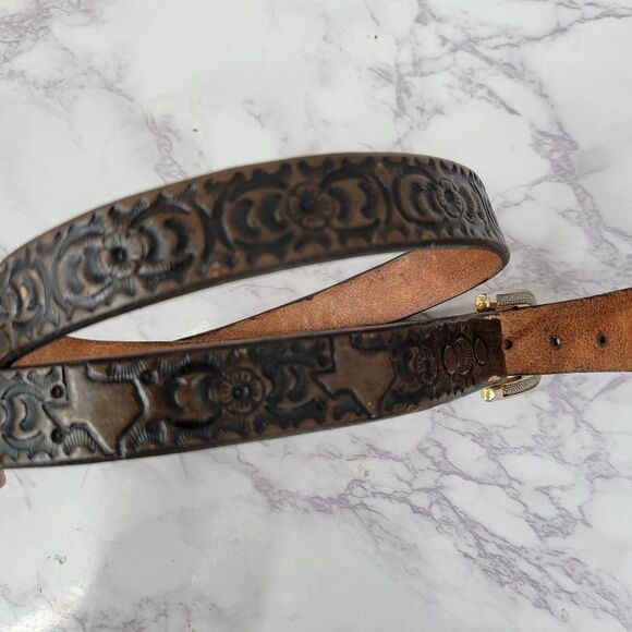 Vintage Brown Texas Embossed Leather Belt with Gold Toned Buckle - Picture 3 of 14